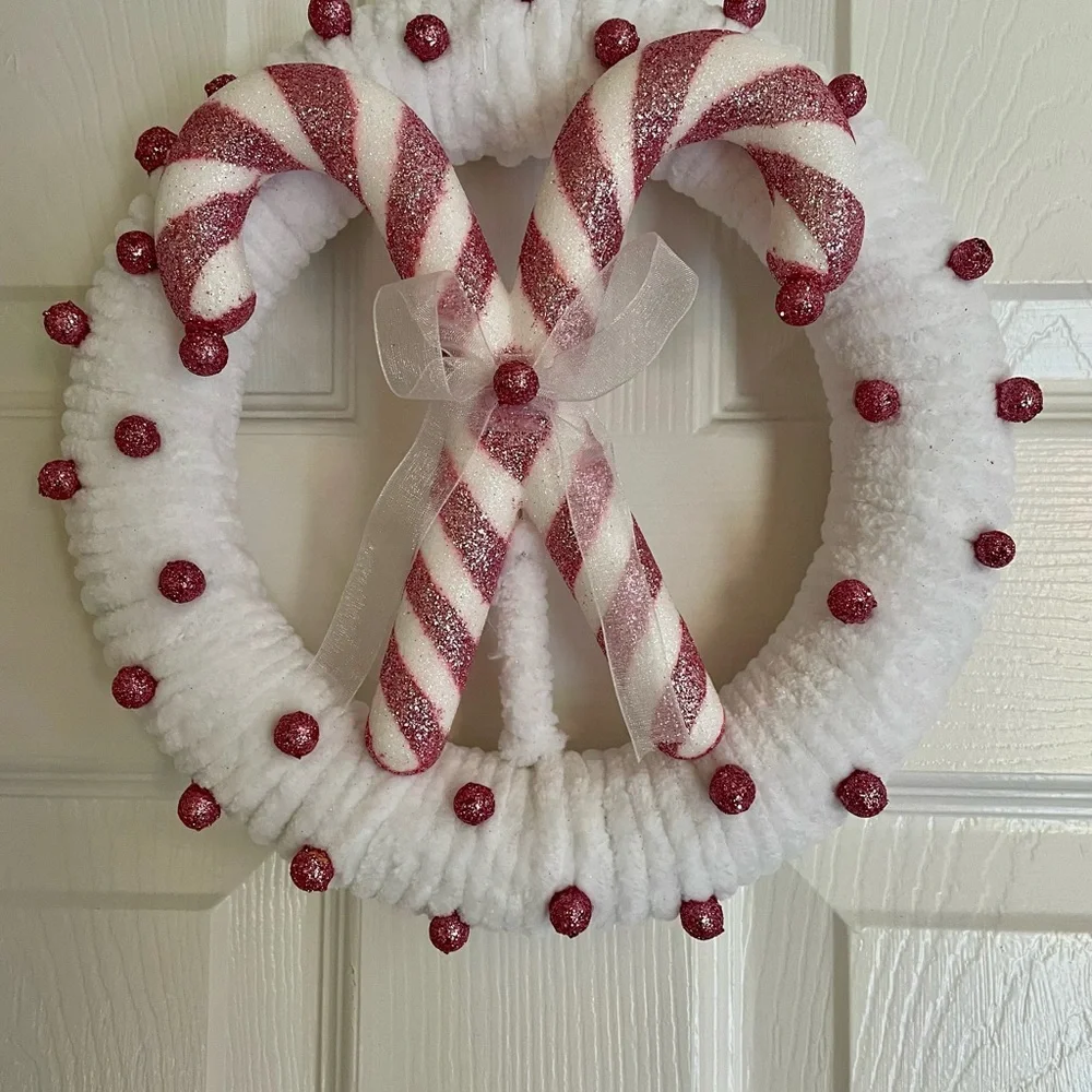 Sparkling Holiday Candy Cane Wreath Pink and White